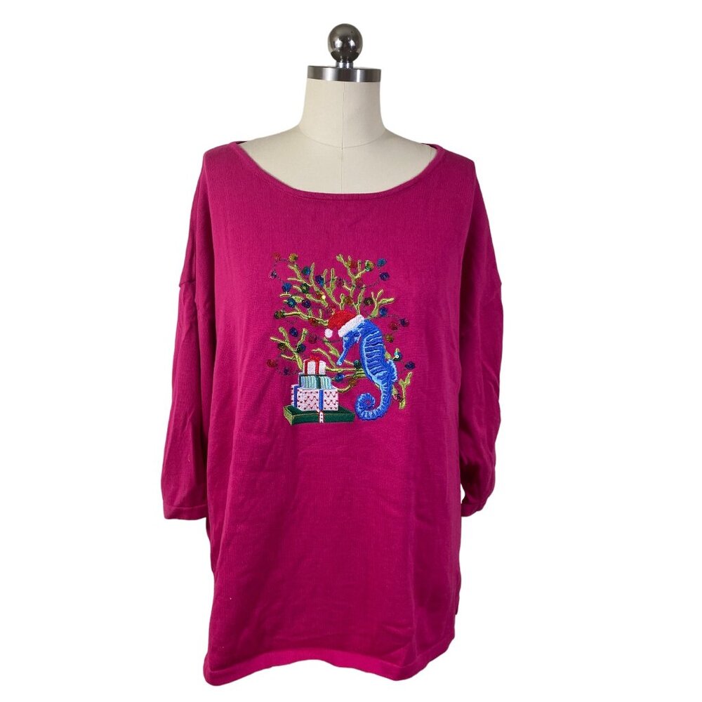 Heritage Charm Y2K  Top Womens 1X Pink Seahorse Christmas Tree Coastal Grandma